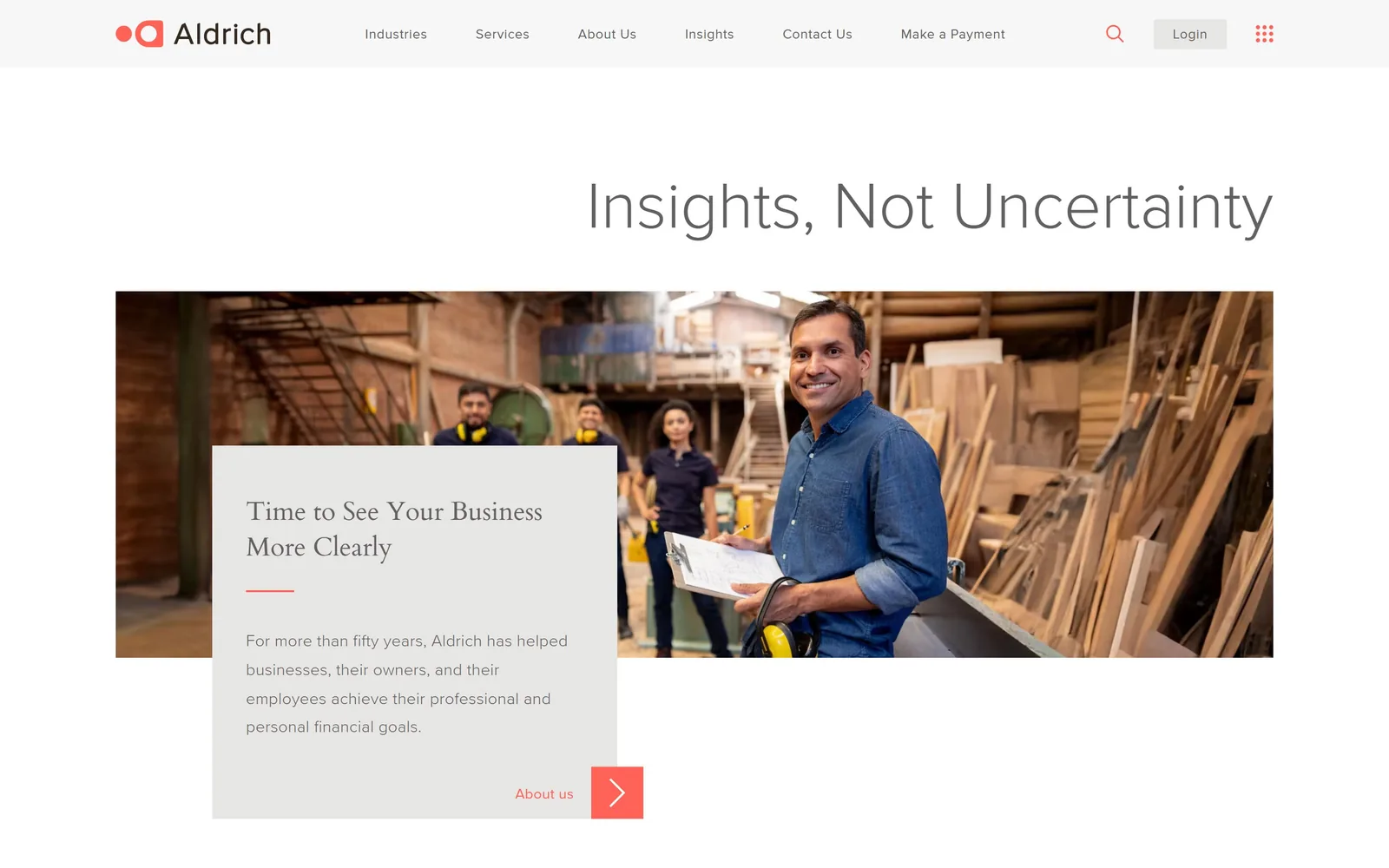 aldrichadvisors.com, accounting website design: a light sans headline floated to the right