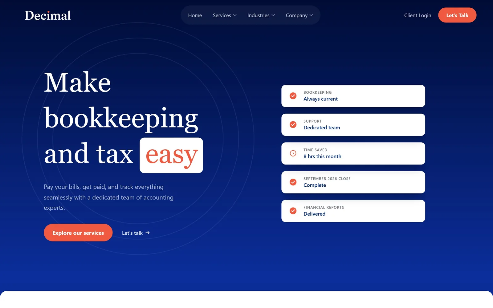 decimal.com, accounting website design: a navy gradient, a Playfair headline, and the word easy lifted out into a white box in orange