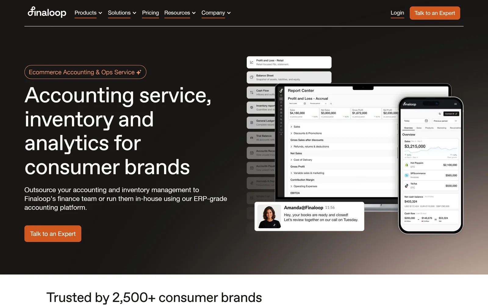 finaloop.com, accounting website design: charcoal page, 64px white headline