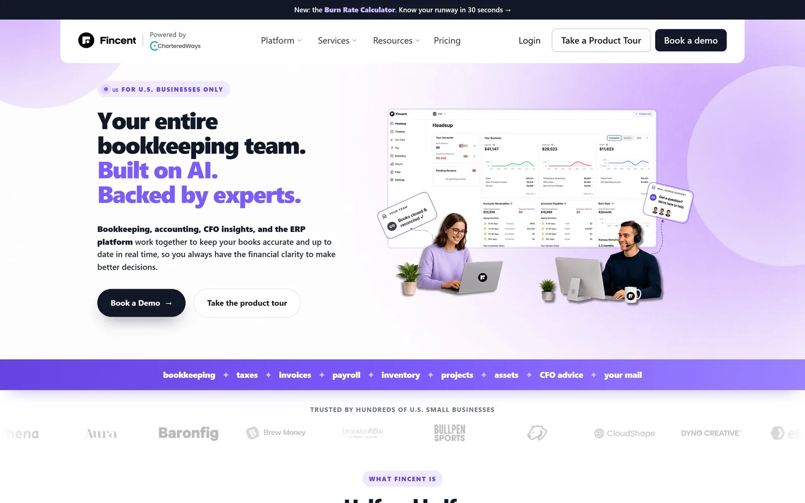 fincent.com, accounting website design: pale lilac ground, a three-line headline that switches to violet halfway