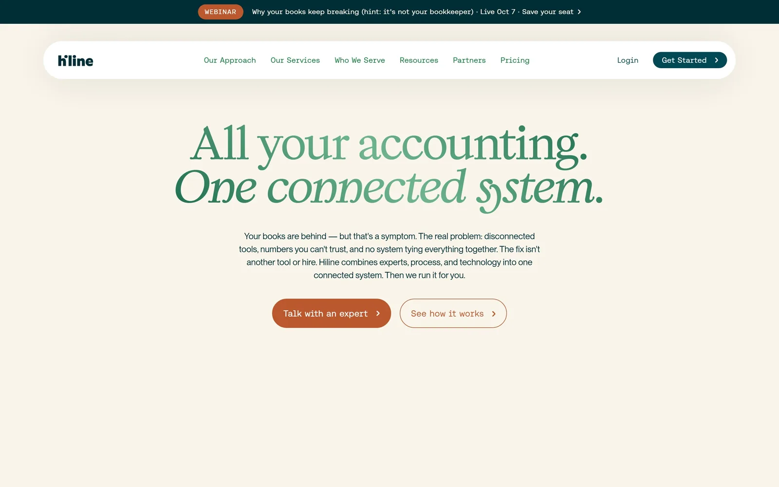 hiline.co, accounting website design: two lines of green serif, the second in italic
