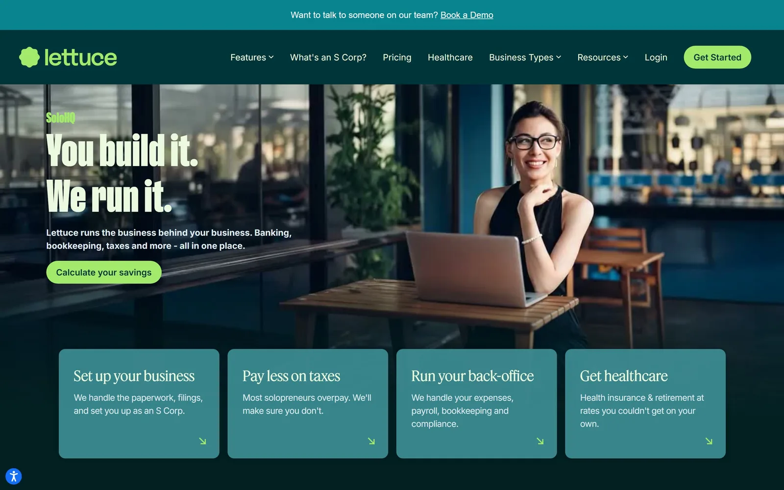 lettuce.co, accounting website design: compressed cream capitals over a dark teal photograph