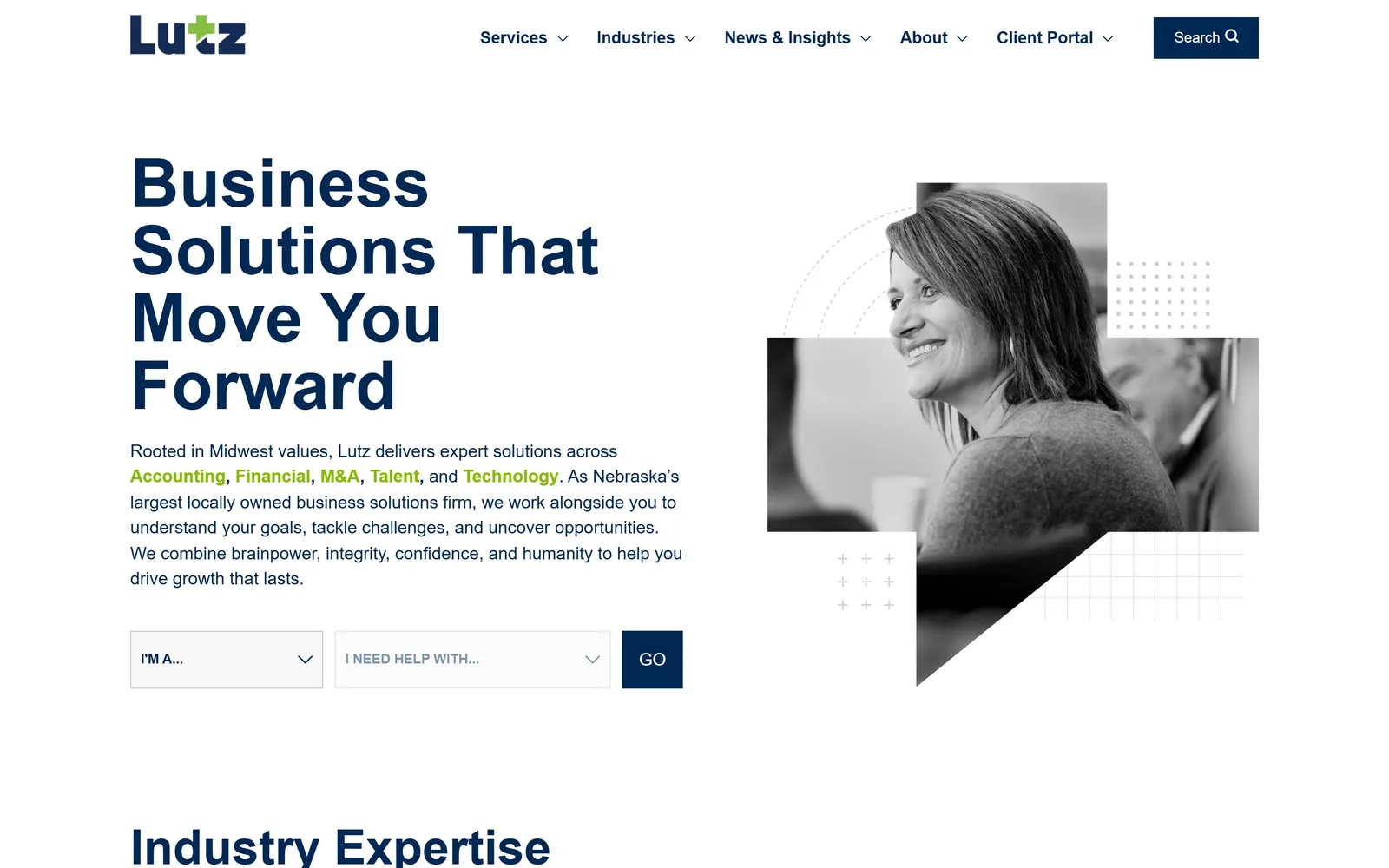 lutz.us, accounting website design: condensed navy capitals four lines deep