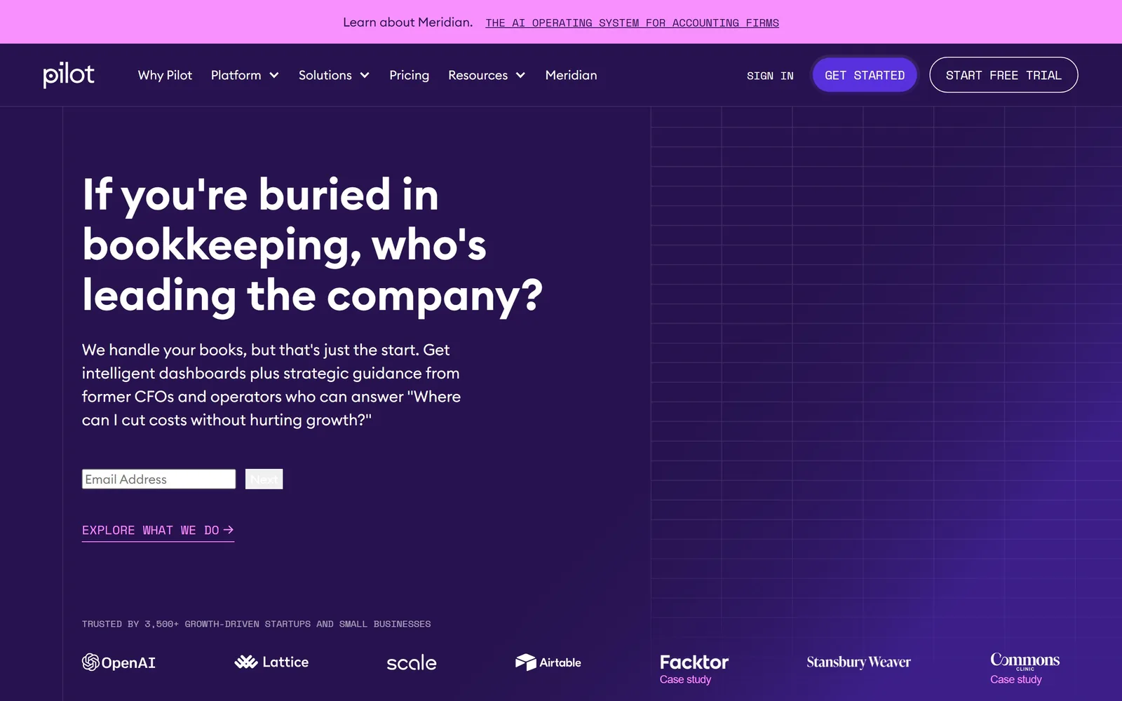 pilot.com, accounting website design: deep violet with a faint engineering grid, a 56px question for a headline