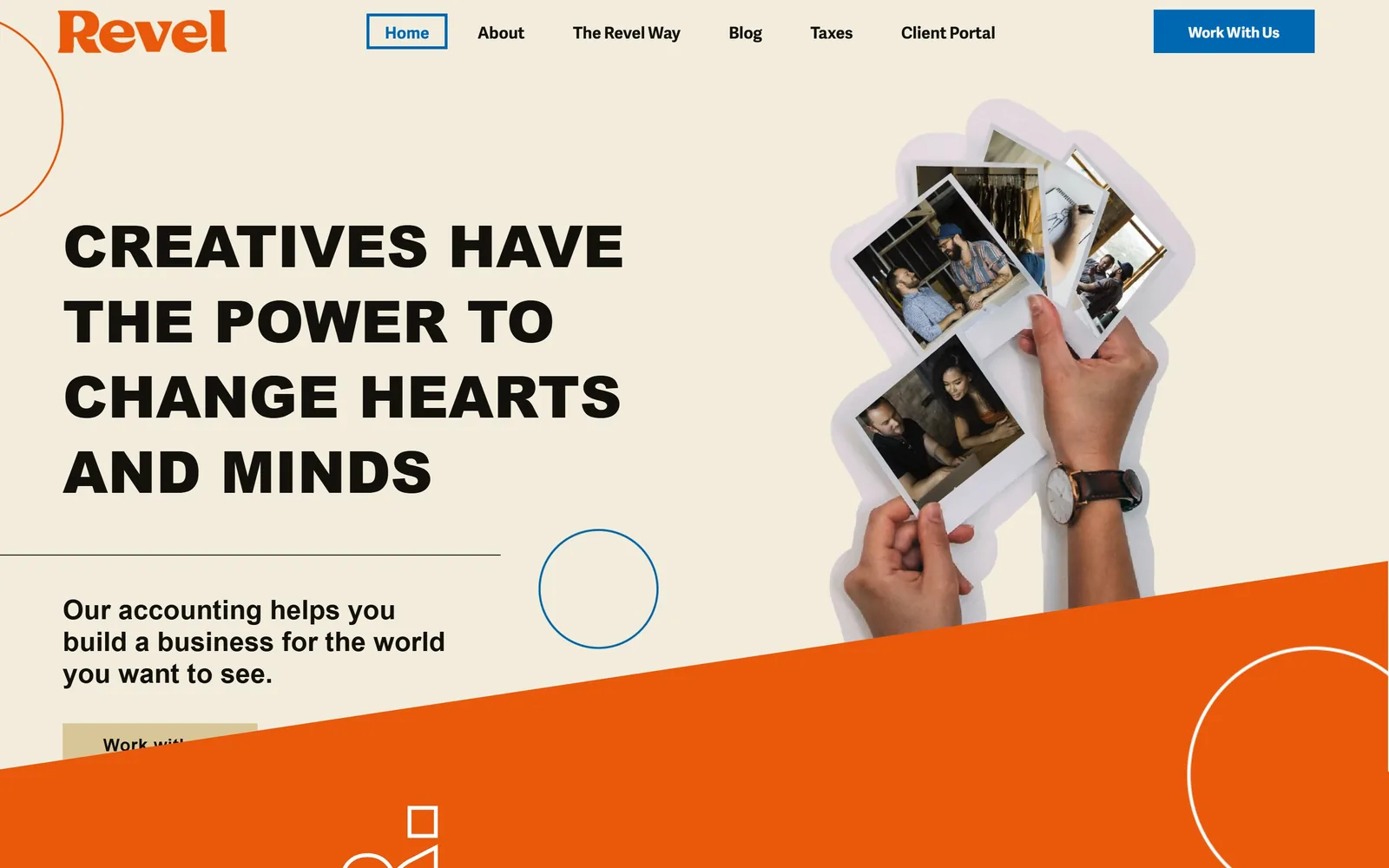 revelcpa.com, accounting website design: heavy black capitals reading CREATIVES HAVE THE POWER TO CHANGE HEARTS AND MINDS