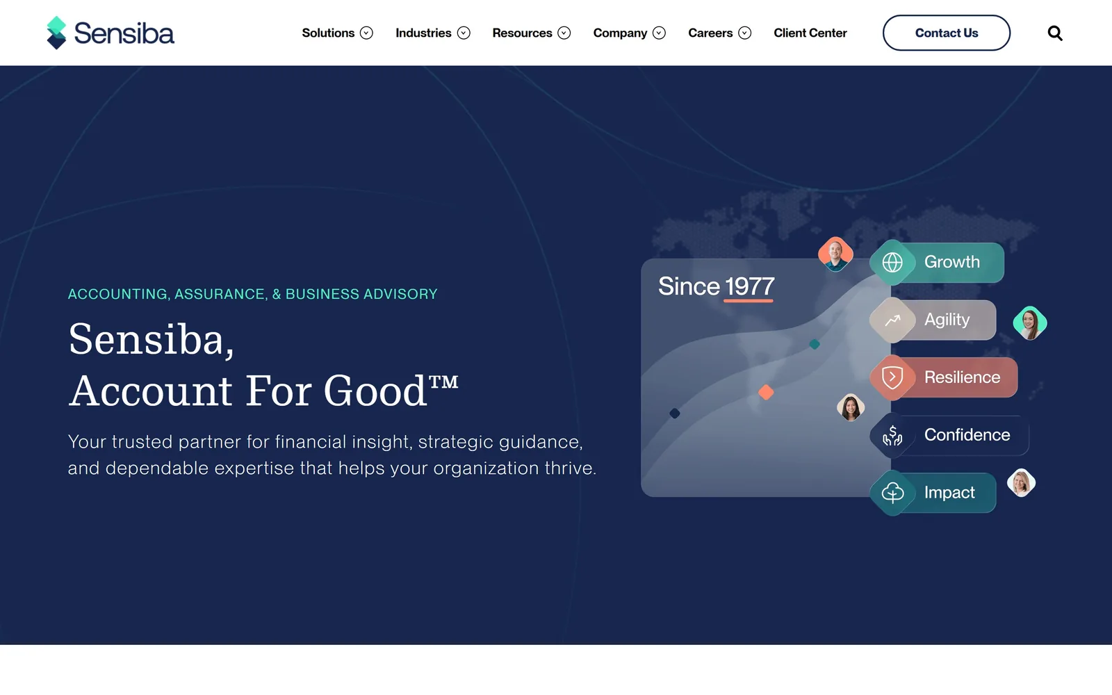 sensiba.com, accounting website design: sensiba, Account For Good set in a serif on deep navy