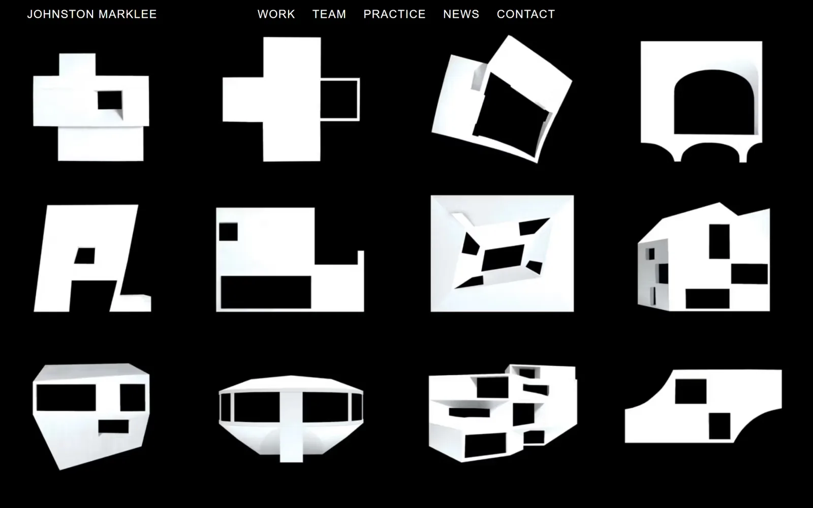 johnstonmarklee.com, architect website design: twelve white study models float on a pure black field in a four by three grid, uncaptioned