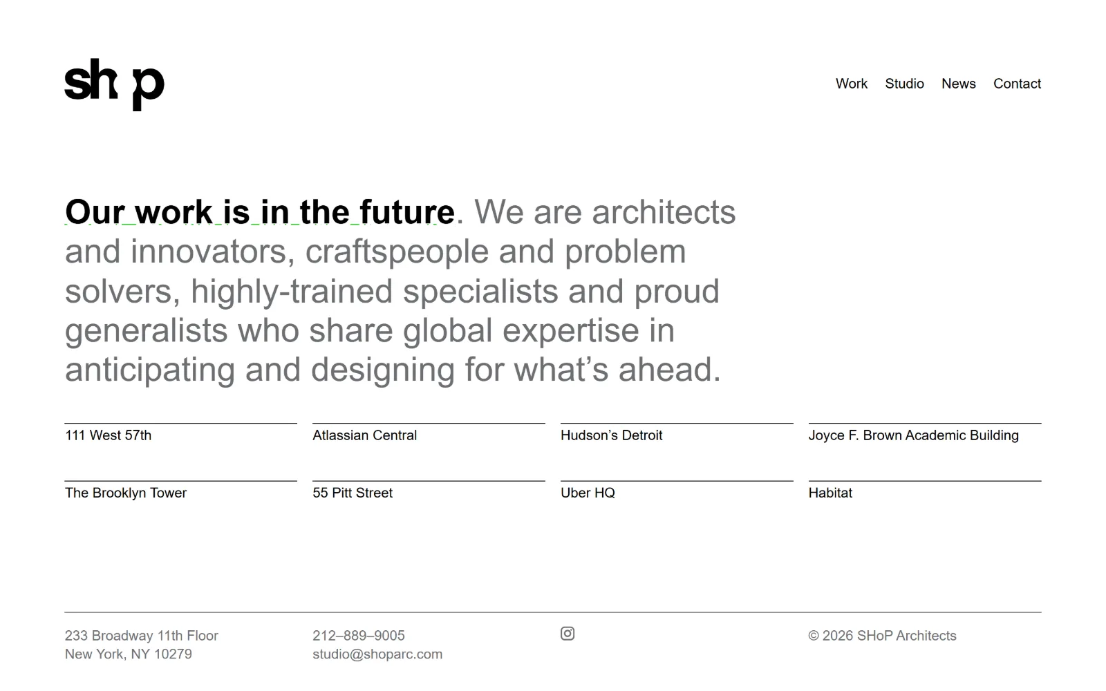 shoparc.com, architect website design: a white page holding a logotype with overlapping letterforms, a six-line grey paragraph