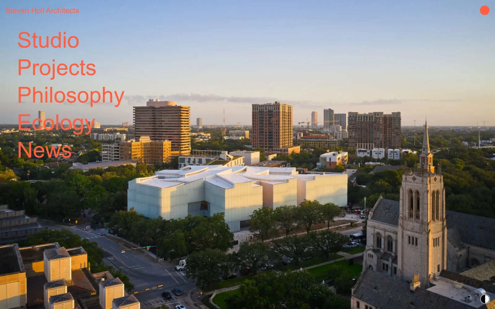 stevenholl.com, architect website design: five navigation words stack in orange down the left of a dusk aerial photograph of a white