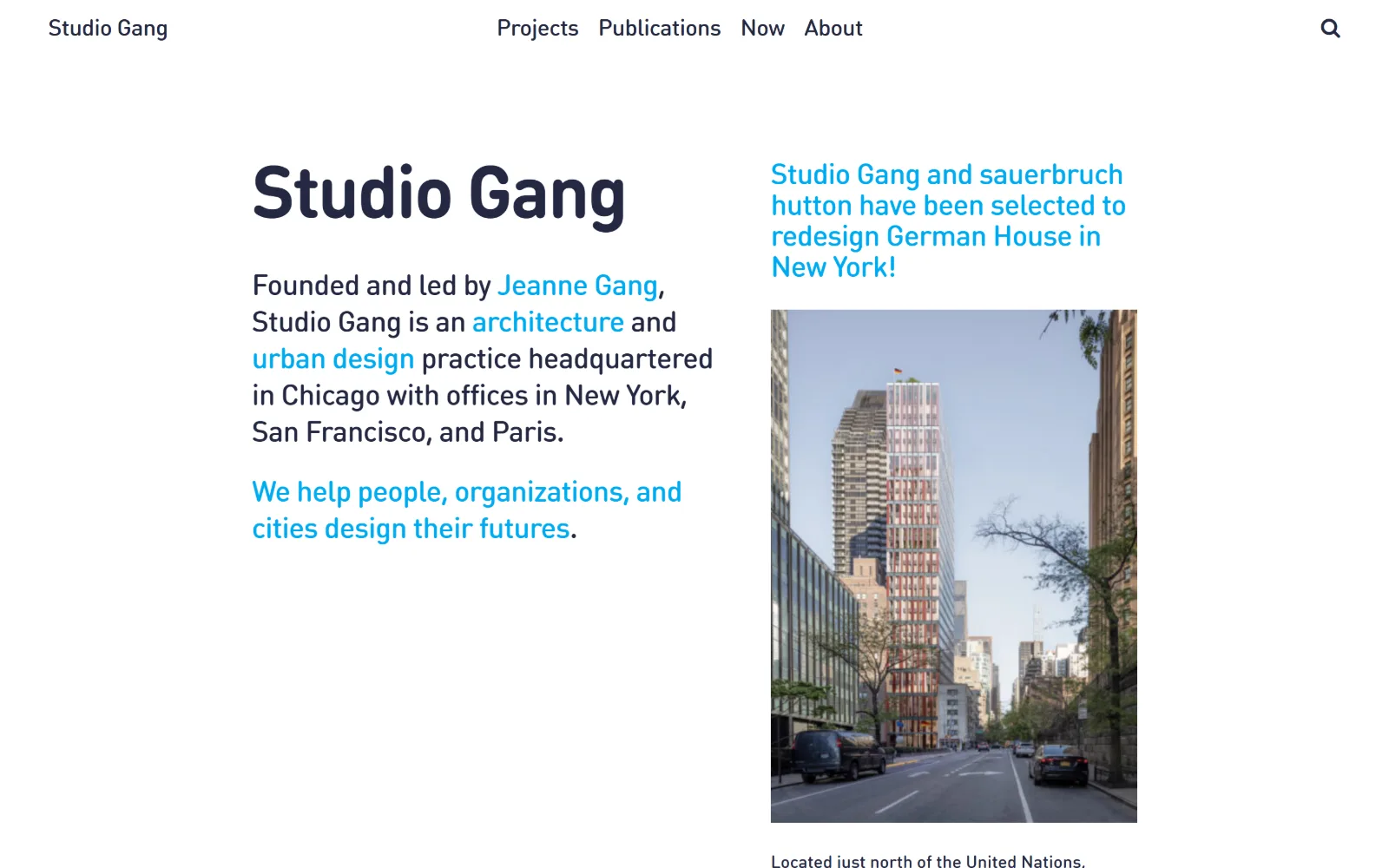 studiogang.com, architect website design: the practice name sits at large size in dark navy on the left beside a cyan news headline