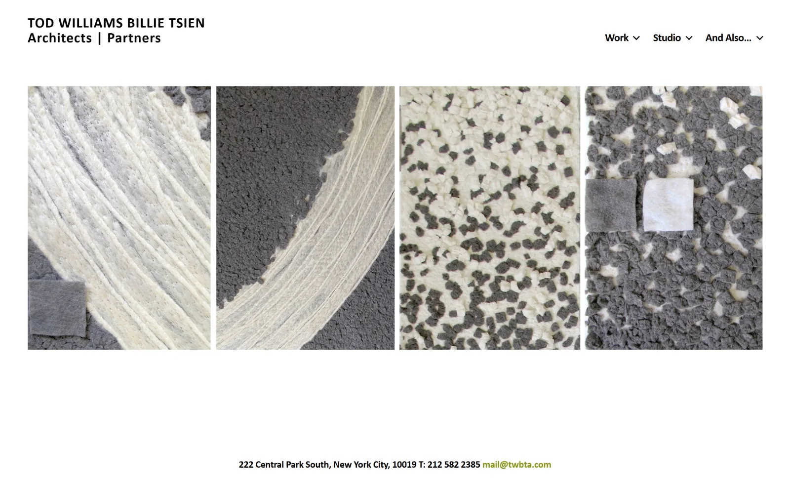 twbta.com, architect website design: four tall images of grey and cream felted material samples sit in a row on white