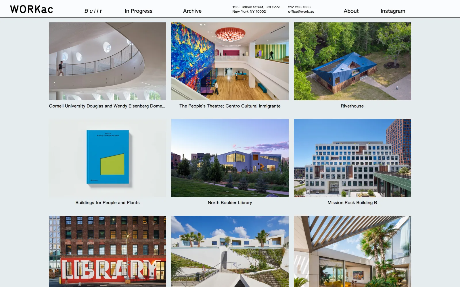 work.ac, architect website design: a pale blue-grey page carries a three-column grid of project photographs with captions beneath