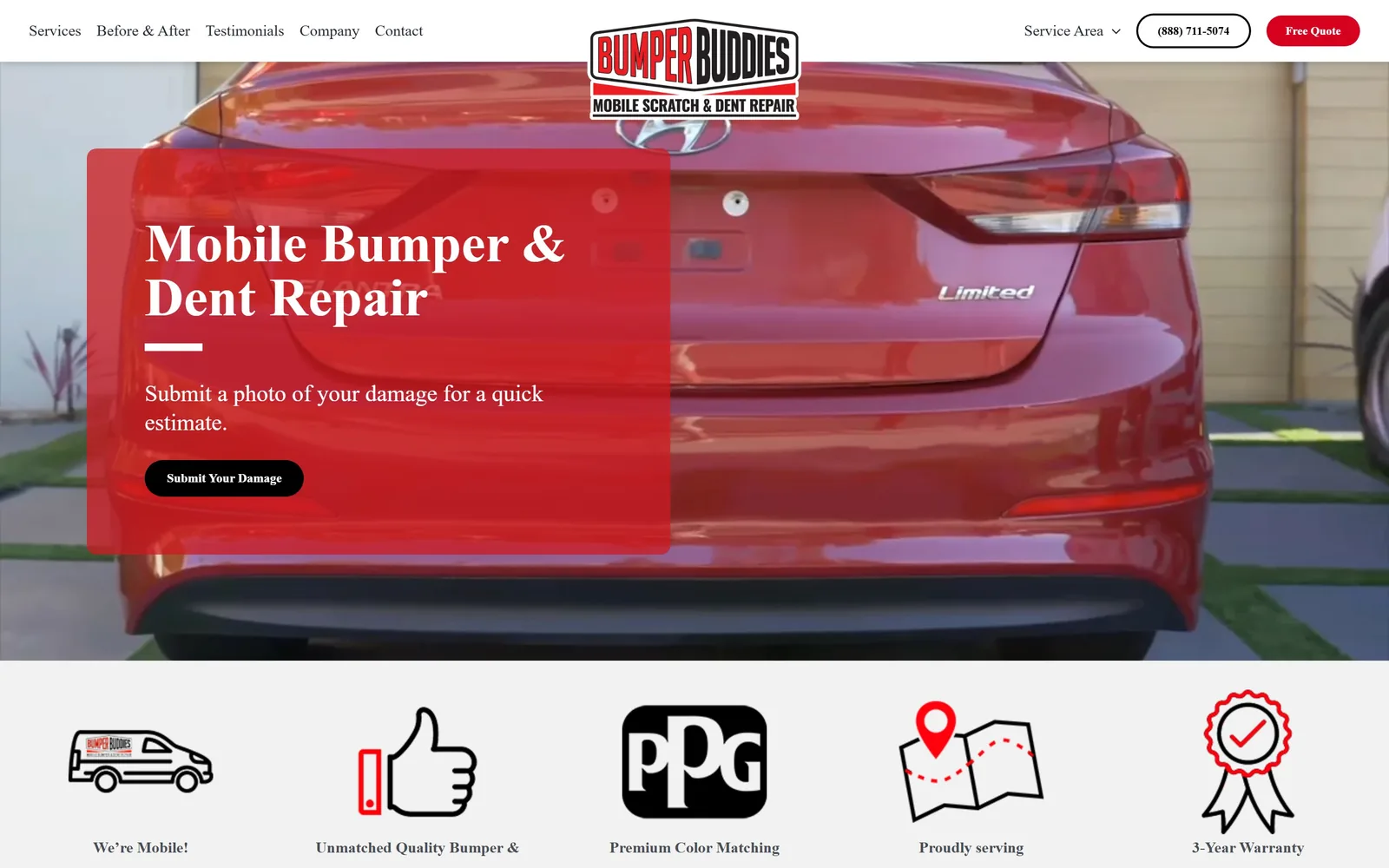 bumperbuddies.com, auto repair website design: a translucent red panel over a close shot of a dented bumper