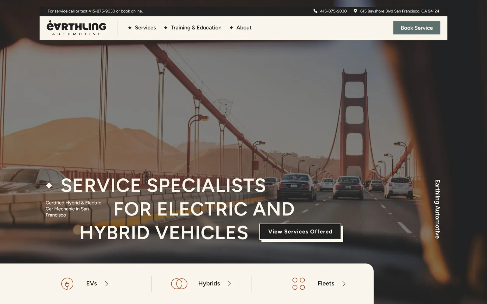 earthlingautomotive.com, auto repair website design: staggered wide caps across a dashboard view of the Golden Gate
