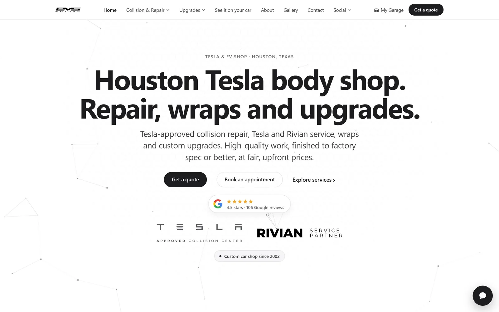 evsmotors.com, auto repair website design: two flat sentences in heavy black type, centred on white