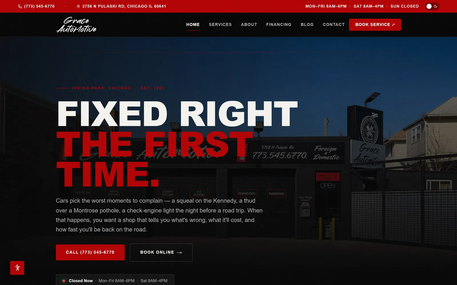 graceautomotive.com, auto repair website design: enormous condensed caps over a night shot of the real storefront
