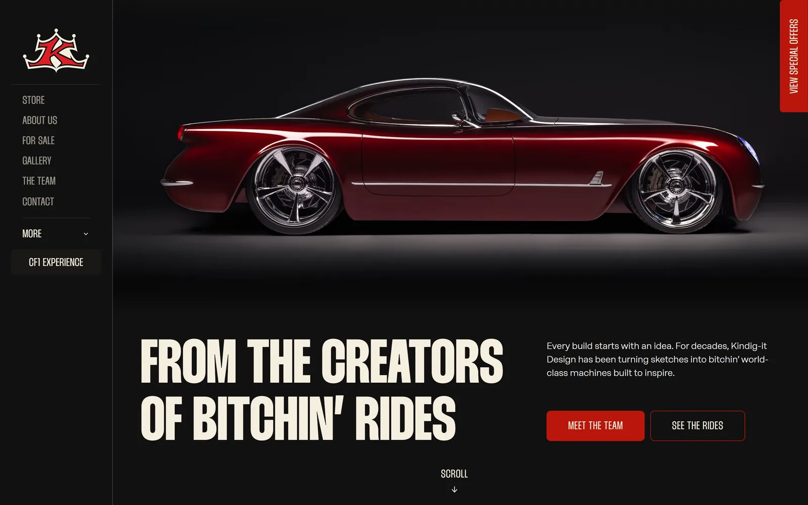 kindigit.com, auto repair website design: a candy red custom coupe lit on black