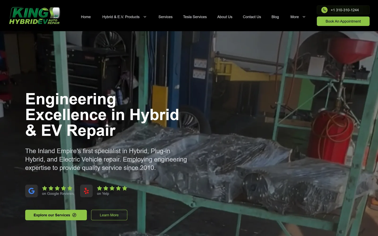 kingofhybrid.com, auto repair website design: white headline over a dim shot of the actual workshop