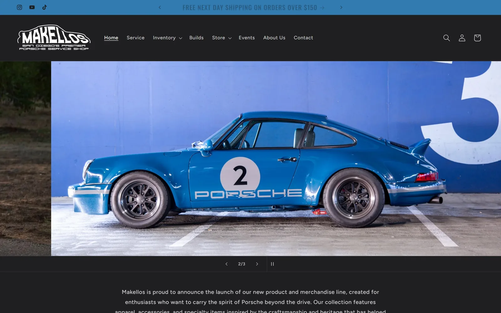 makellosclassics.com, auto repair website design: a works blue 911 against a painted blue wall