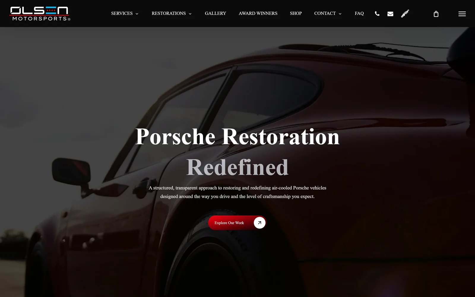 olsenmotorsport.com, auto repair website design: a serif headline in two tones over an oxblood 911 shot so close the body fills the frame