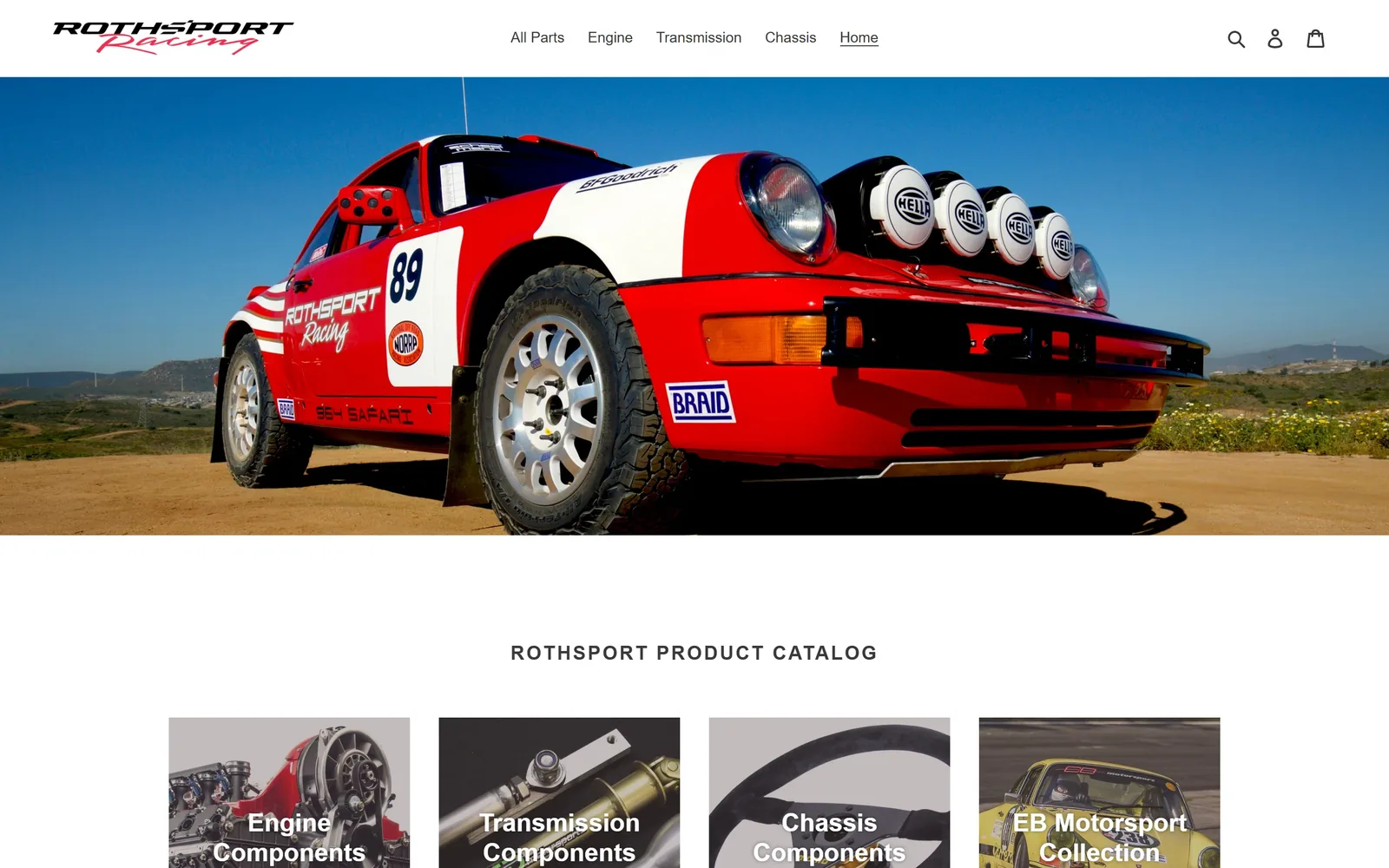 rothsport.com, auto repair website design: a red and white safari 911 shot low against desert scrub