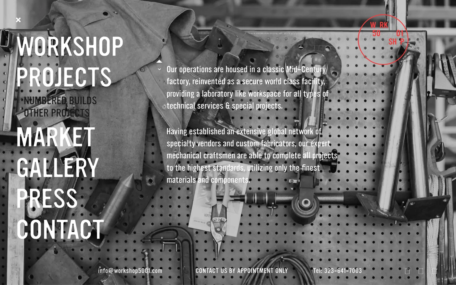 workshop5001.com, auto repair website design: a black and white pegboard of hand tools