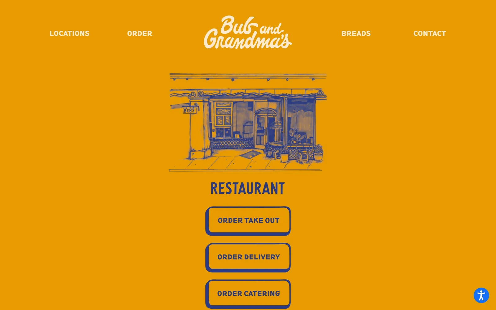 bubandgrandmas.com, bakery website design: amber fills the whole screen with a navy ink drawing of the storefront and three outlined order