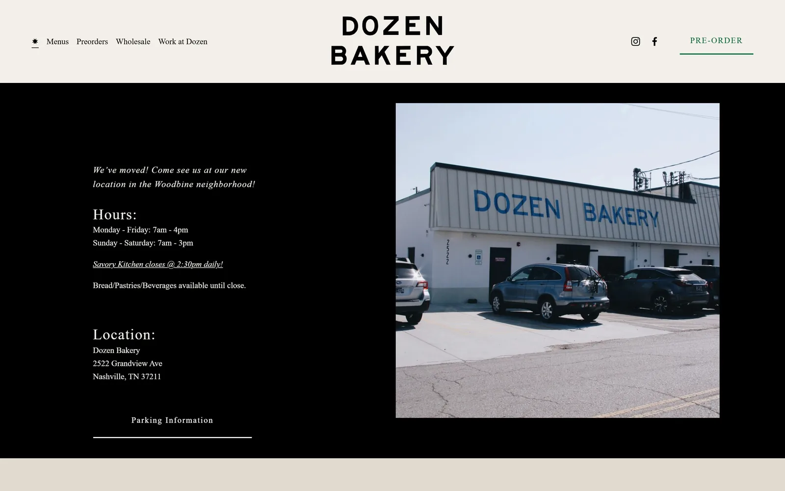 dozen-nashville.com, bakery website design: a cream band holds a widely spaced DOZEN BAKERY wordmark above a black slab carrying hours