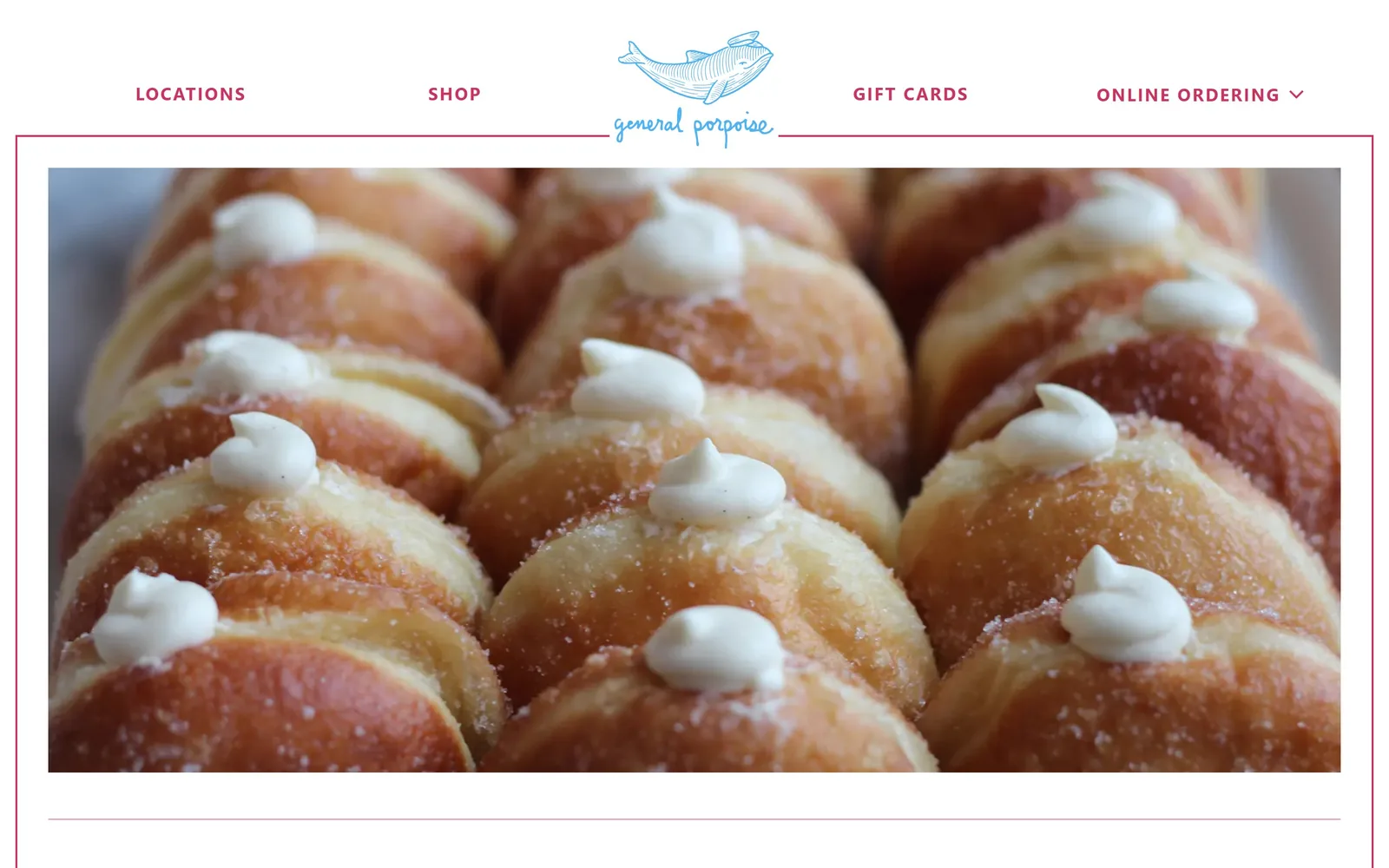 gpdoughnuts.com, bakery website design: a sky blue porpoise over a script wordmark, raspberry nav either side