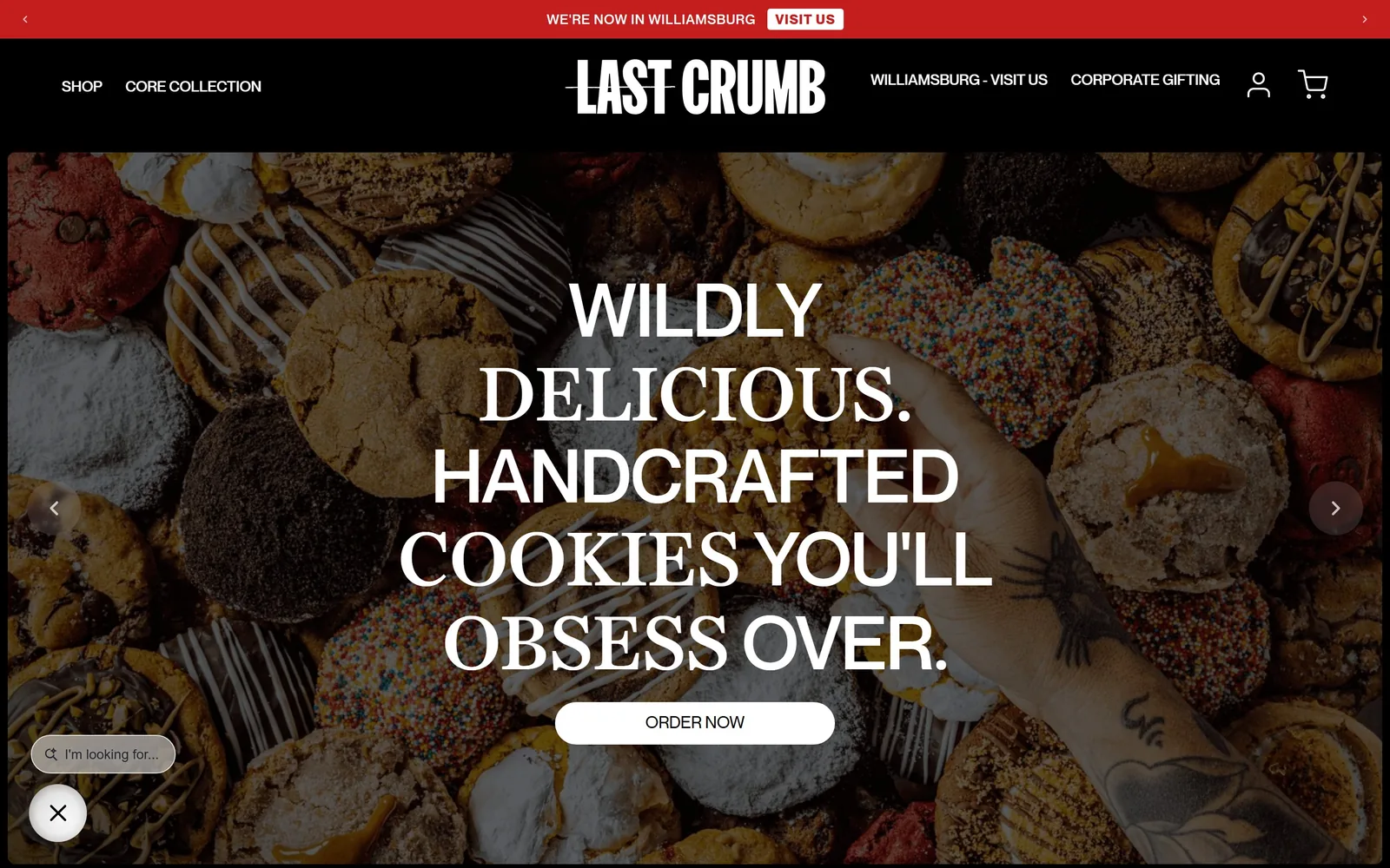 lastcrumb.com, bakery website design: cookies fill the frame edge to edge while a four-line headline alternates between grotesk and serif