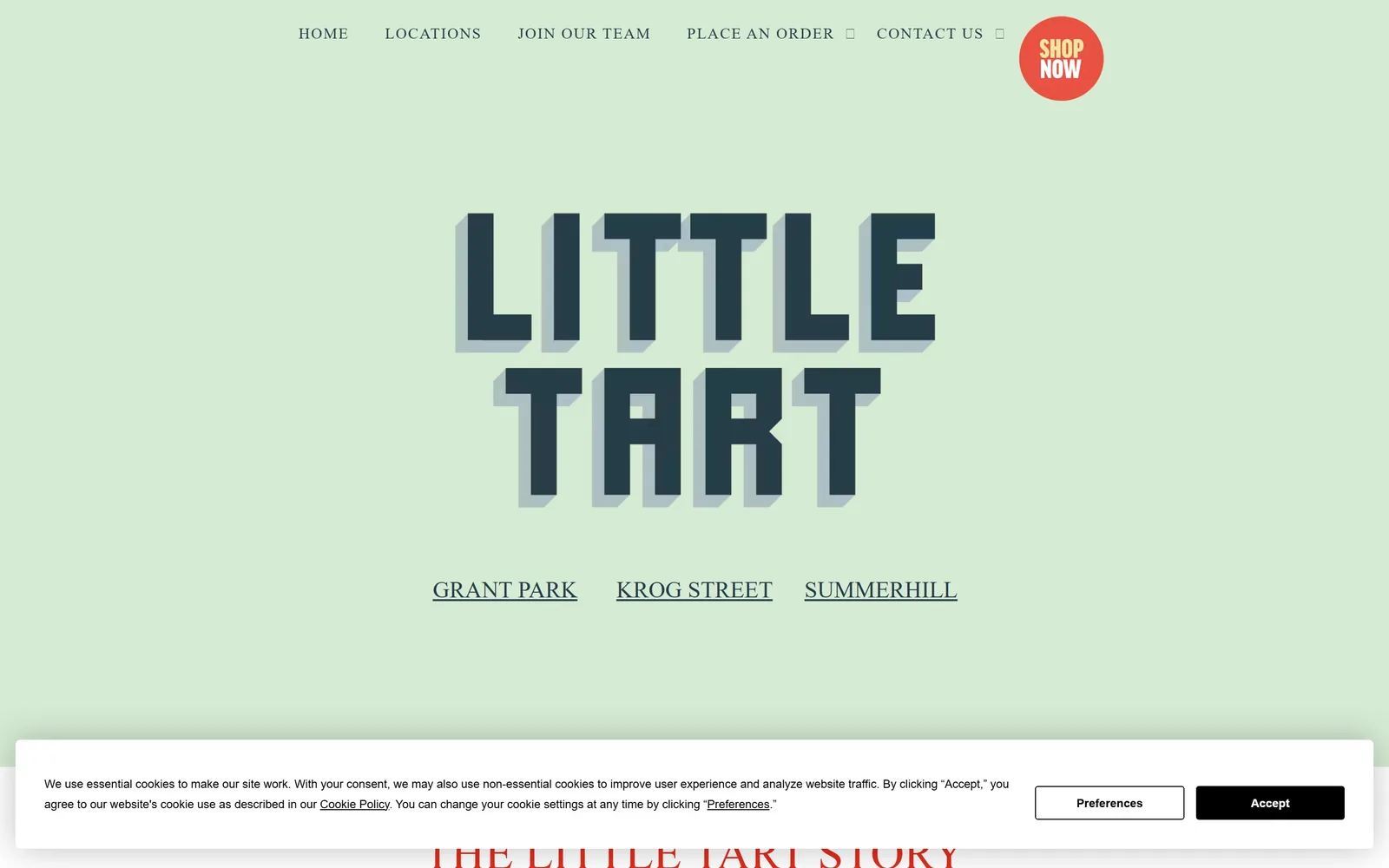 littletartatl.com, bakery website design: mint green field with LITTLE TART in chunky slate block letters casting a hard offset shadow
