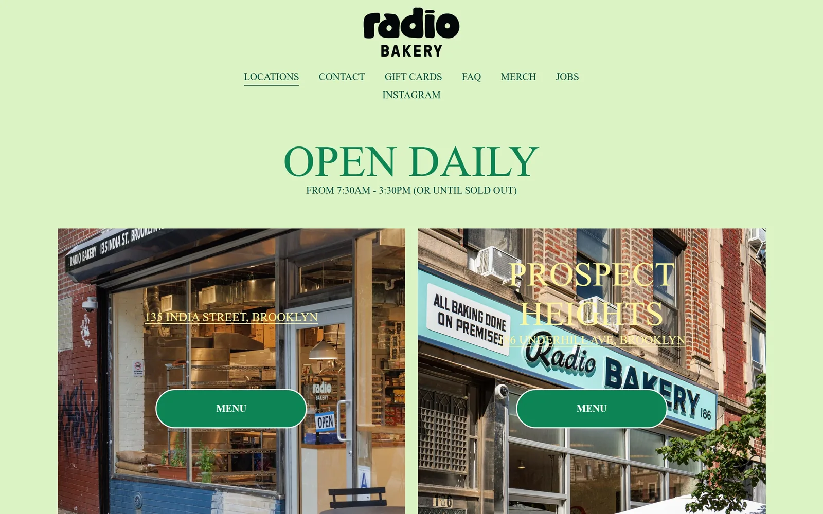 radiobakery.nyc, bakery website design: a pistachio green field, a 76px serif reading OPEN DAILY