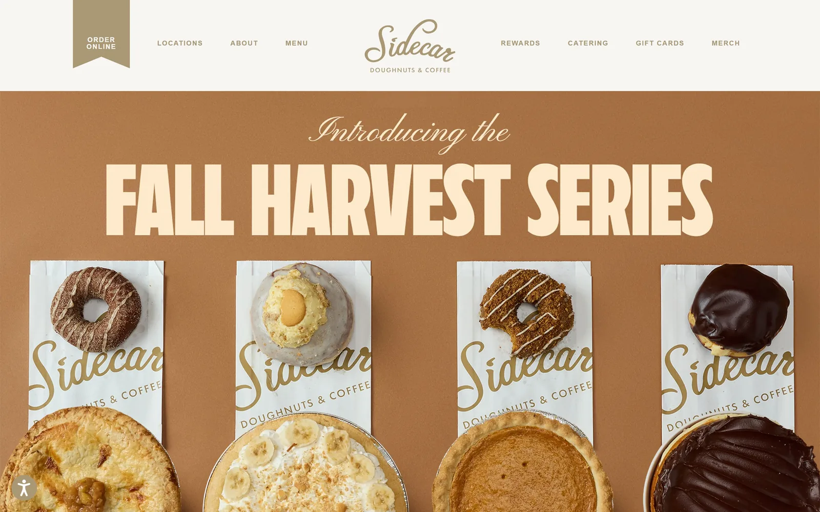 sidecardoughnuts.com, bakery website design: a caramel field with FALL HARVEST SERIES in heavy condensed cream caps above four doughnuts