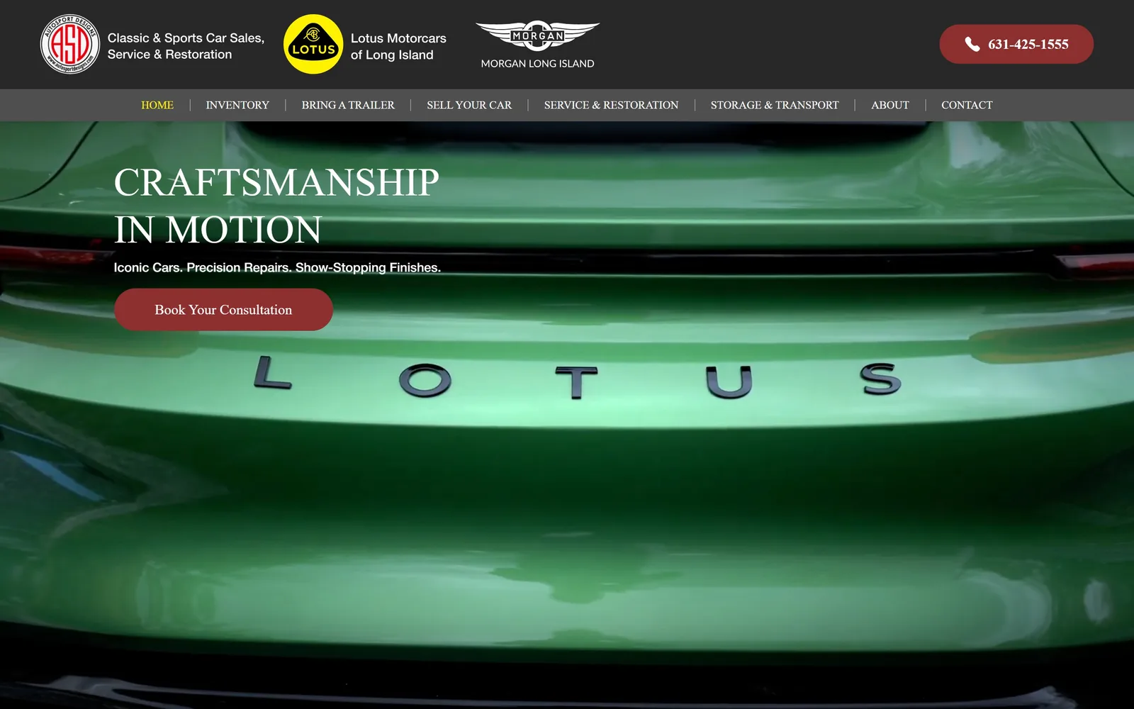 autosportdesigns.com, car dealership website design: a green Lotus tailgate fills the screen behind CRAFTSMANSHIP IN MOTION and a maroon