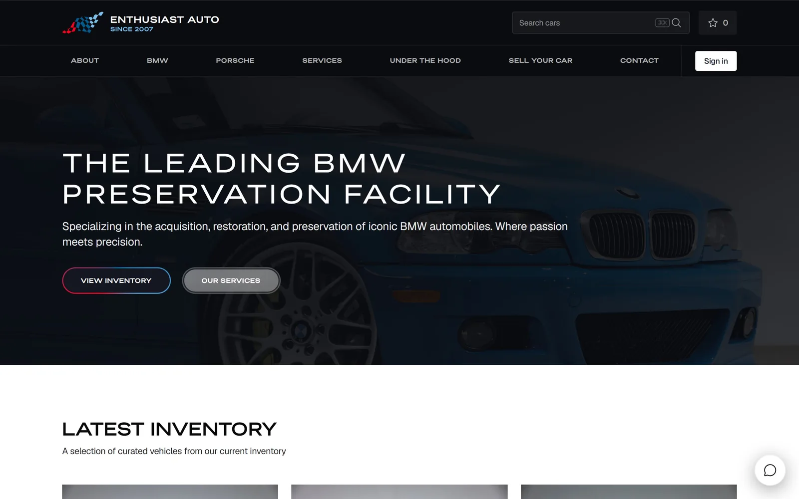 enthusiastauto.com, car dealership website design: a blue E46 M3 shot dark and close, a wide-tracked all-caps headline over it