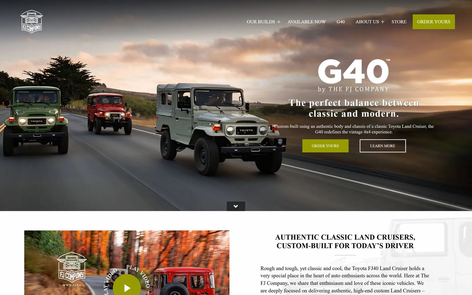 fj.co, car dealership website design: three restored Land Cruisers on a coast road at dusk