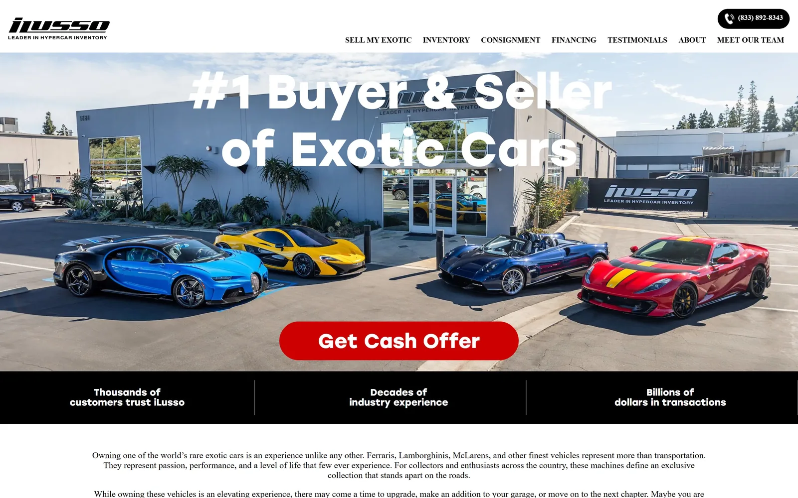 ilusso.com, car dealership website design: four hypercars lined up outside a grey showroom, an 86px white headline across them
