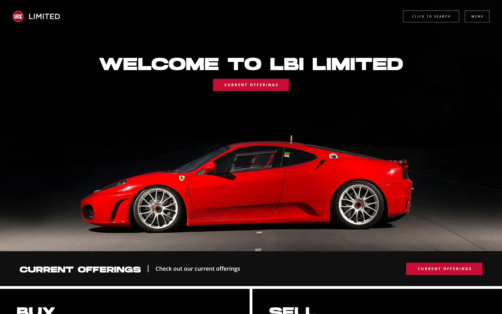 lbilimited.com, car dealership website design: a red Ferrari F430 lit against black, WELCOME TO LBI LIMITED above it