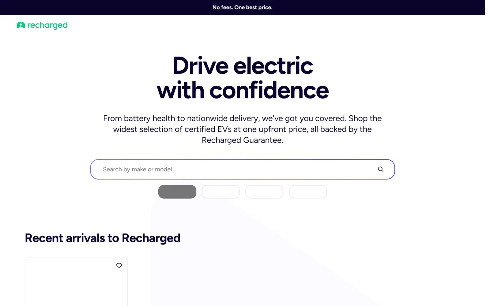 recharged.com, car dealership website design: a white page with a two-line 72px headline, a violet-ringed search field under it