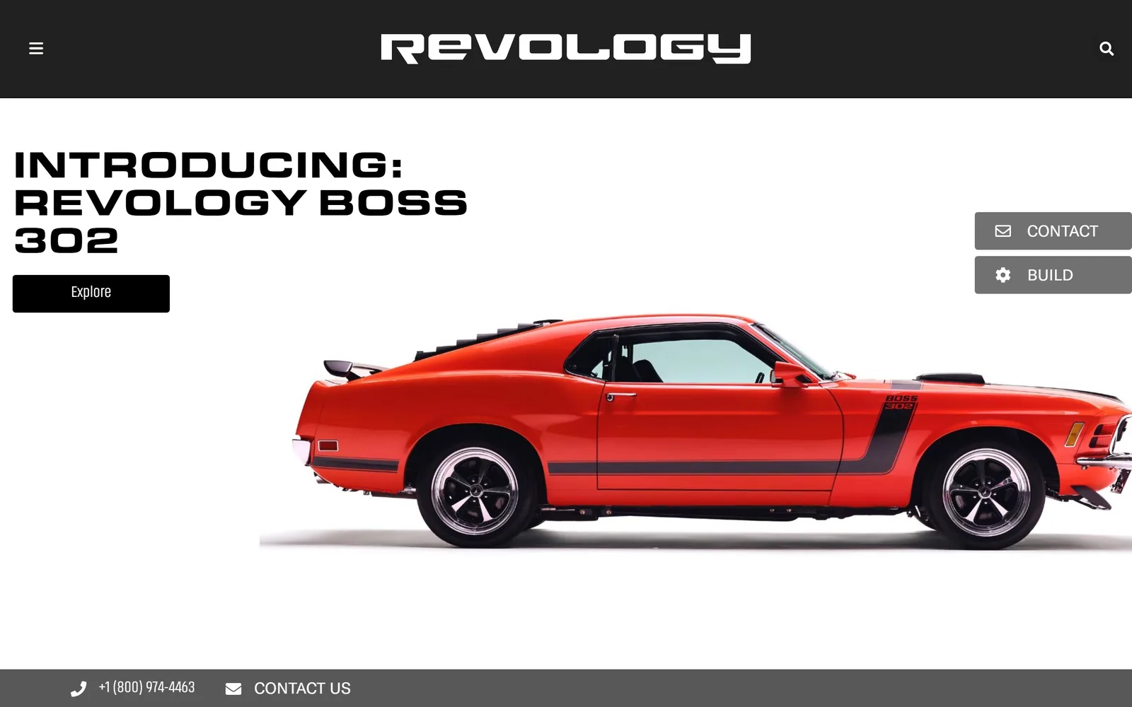 revologycars.com, car dealership website design: a Calypso Coral Boss 302 cut out on pure white, a squared headline top left