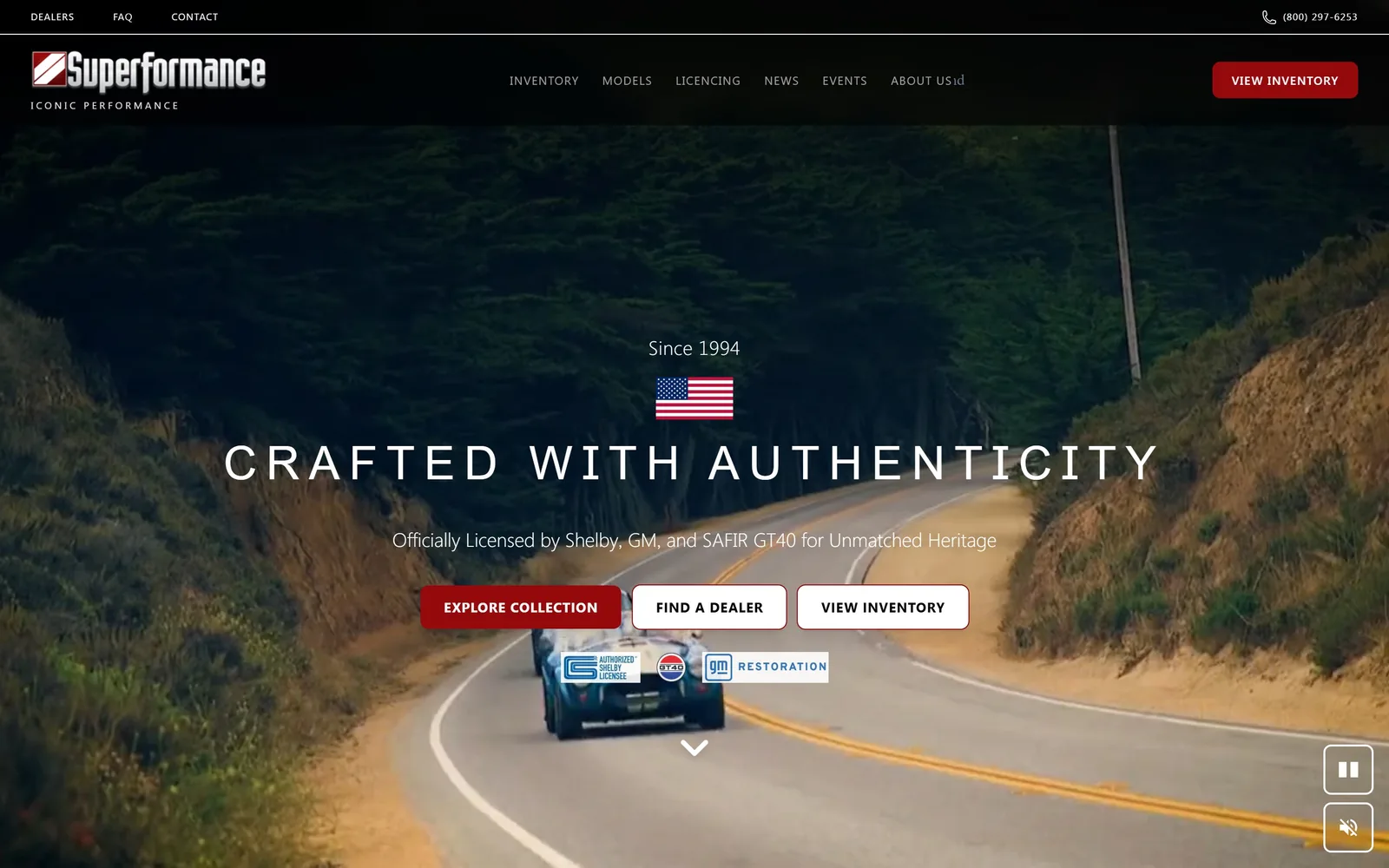 superformance.com, car dealership website design: a Cobra viewed from behind on a coastal road, under a widely tracked Anton headline