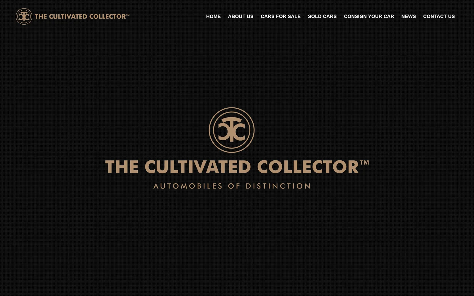 thecultivatedcollector.com, car dealership website design: a near-black screen with the gold monogram and wordmark centred