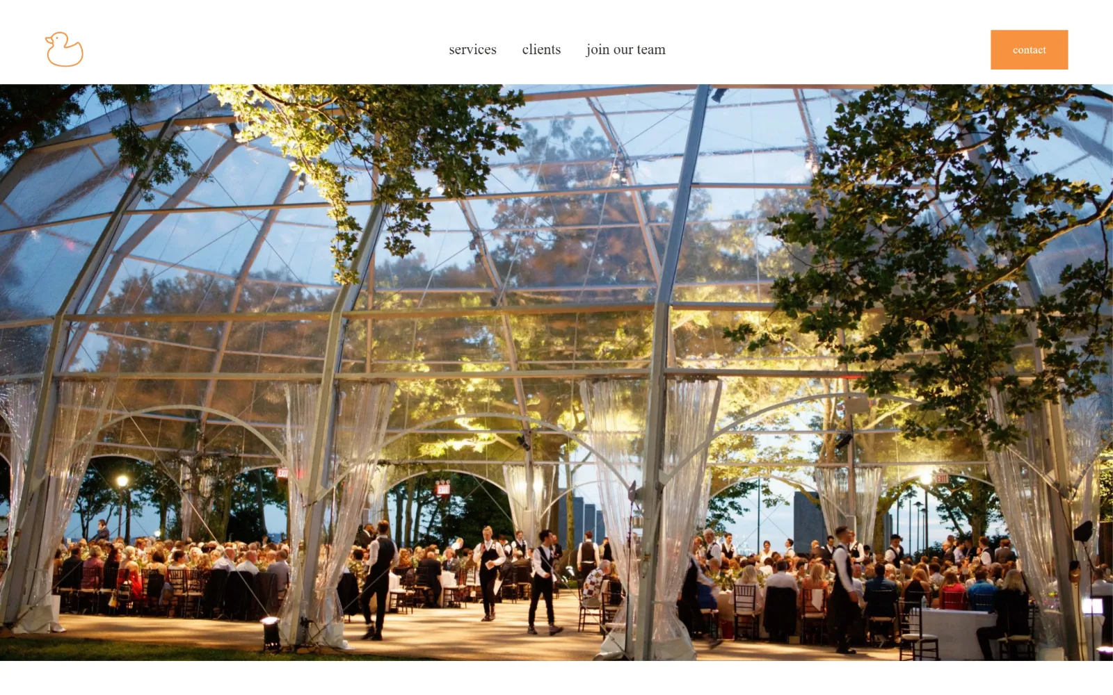 canardinc.com, catering website design: a line-drawn tangerine duck mark and three lowercase nav words sit above a wide photograph