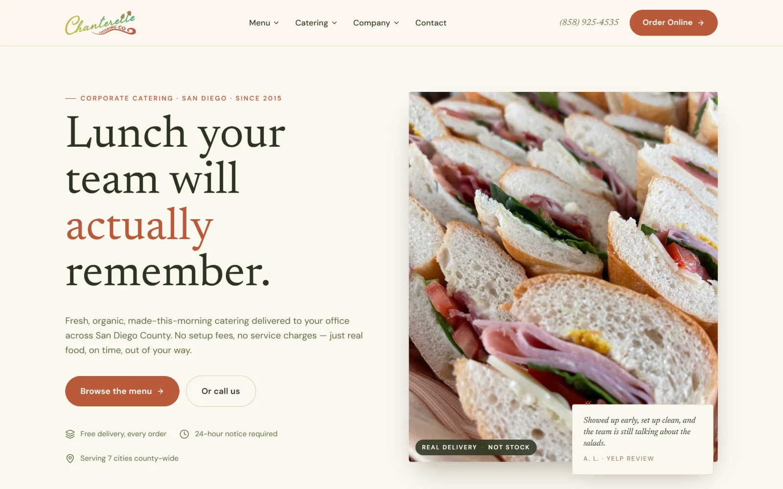 chanterellecateringcompany.com, catering website design: a 50/50 split pairs a serif headline and two buttons with a tight