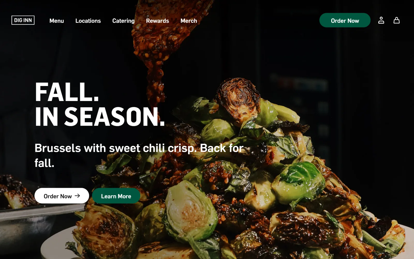diginn.com, catering website design: ninety-pixel uppercase type sits left over a near-black close-up of brussels sprouts with sauce being