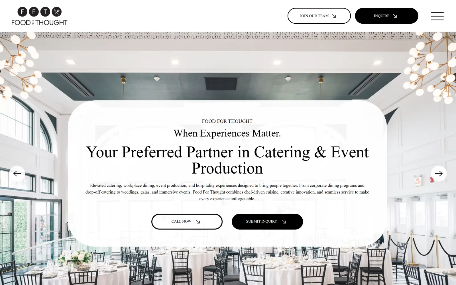 ffthospitality.com, catering website design: floating over a bright ballroom of round tables and chandeliers