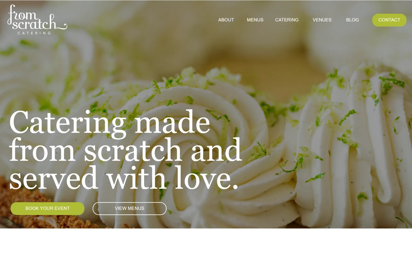 fromscratchcatering.com, catering website design: georgia at 109 pixels sits lower left over an extreme close-up of piped cream and lime