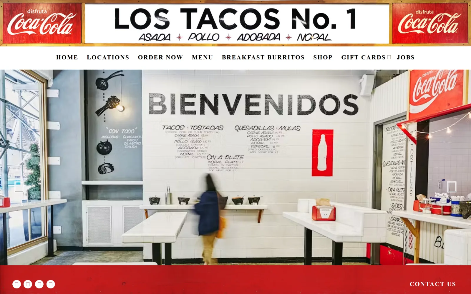 lostacos1.com, catering website design: photographic shopfront signage runs above a white nav row and an interior shot of a taqueria