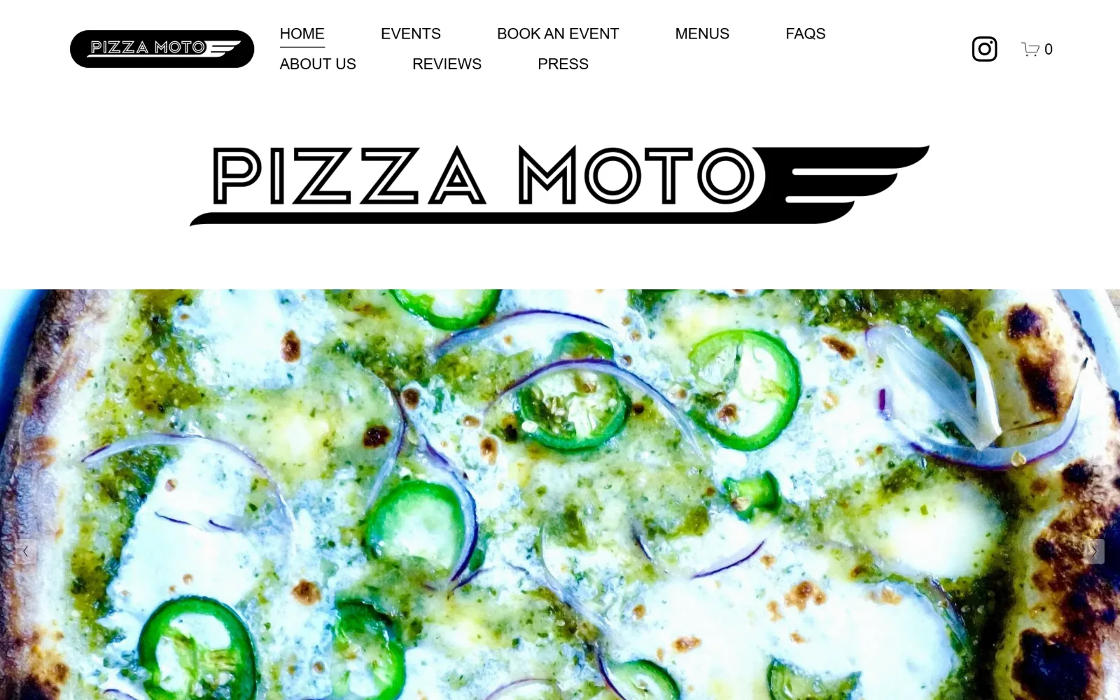pizzamoto.com, catering website design: an outlined winged wordmark sits on white above a full-width macro of a pesto and jalapeno pizza