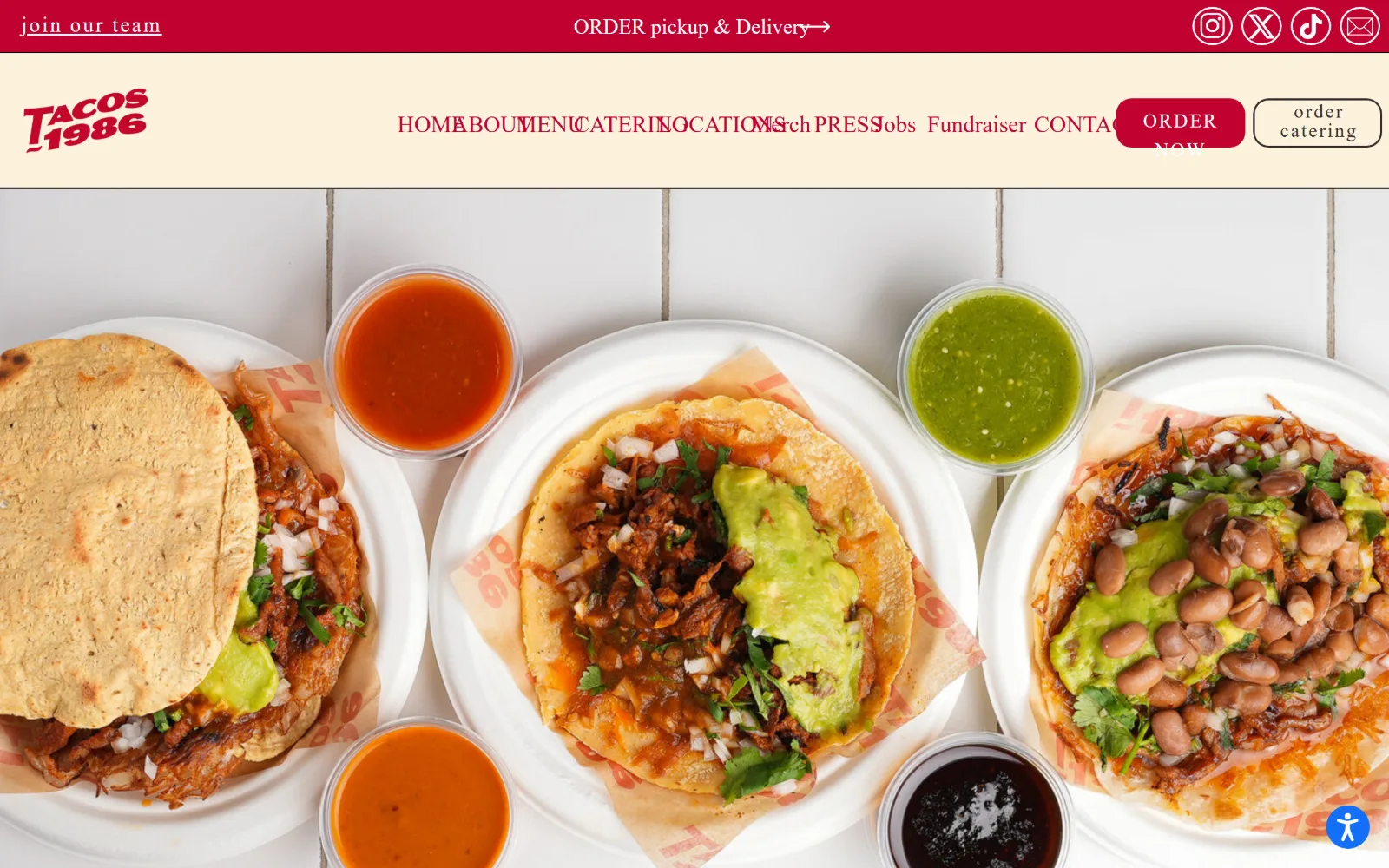 tacos1986.com, catering website design: three tacos on paper plates and four salsa cups, shot from directly overhead